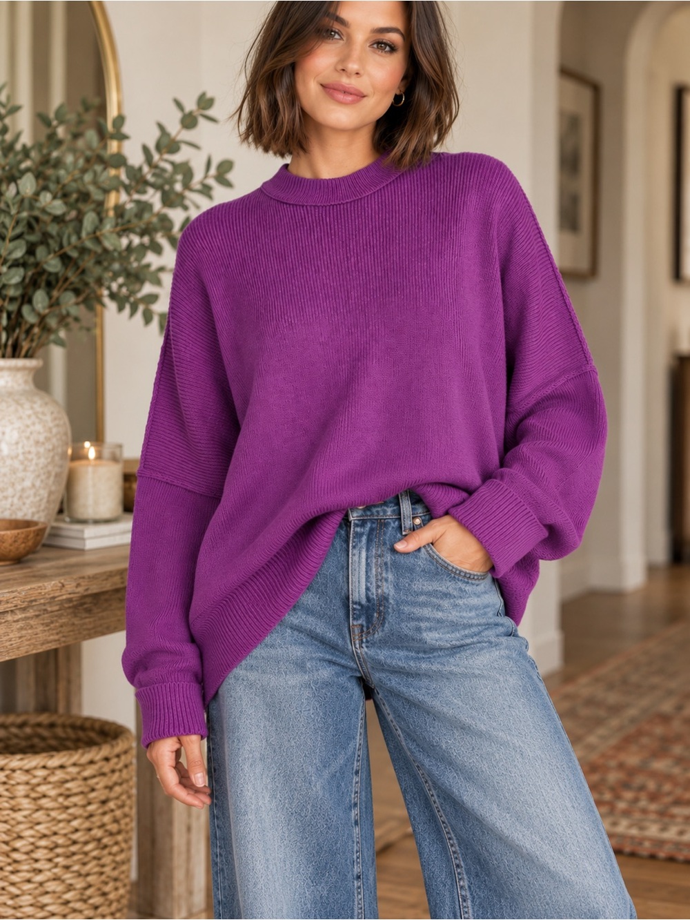 Free People Violet Purple Oversized Ribbed Knit Sweater Pullover XL C173